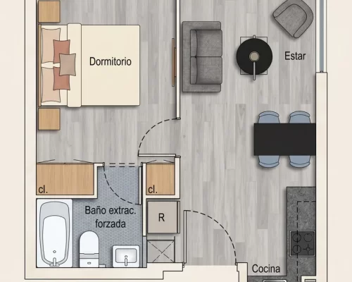 Planta 1dormitorio 1 baño 33,74 m2 venta La Florida bono pie entregfa inmediata
