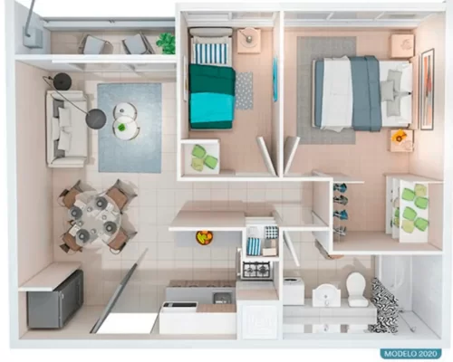 Plano de planta en que muestra la distribución de un departamento de 2 dormitorios y 1 baño (37 m²) en La Cisterna, ideal para inversión con bono pie