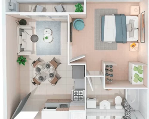 Plano de planta en 3D de un departamento modelo de 1 dormitorio y 1 baño. Se aprecia la distribución del living-comedor, cocina americana, dormitorio principal con baño en suite y terraza.