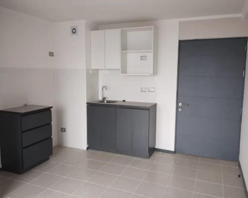 Vista del living comedor vacío con piso de cerámica gris claro, paredes blancas y puerta de acceso en gris oscuro.