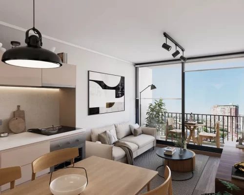Living comedor vista balcon Departamento 2d1b totales 48,89 m2 venta Santiago Centro bono pie y pie en cuotas