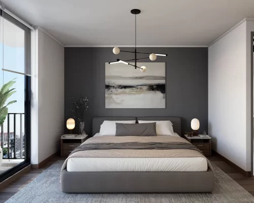 Dormitorio principal Departamento 2d1b totales 48,89 m2 venta Santiago Centro bono pie y pie en cuotas