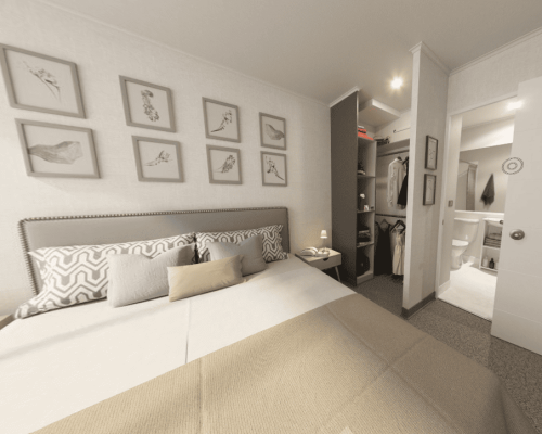 : Dormitorio principal alfombrado con ventanal de termopanel y espacio para cama matrimonial