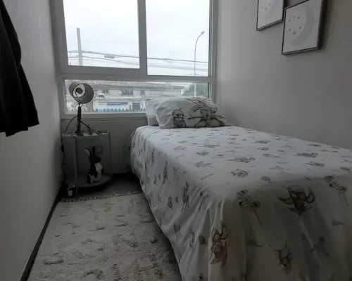 Segundo dormitorio ambientado con una cama individual, ropa de cama color coral, mesa lateral de diseño moderno y gran entrada de luz por el ventanal