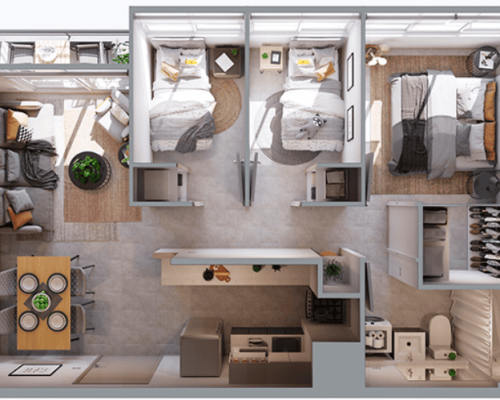 1) Planta 3d1b 48 m2
