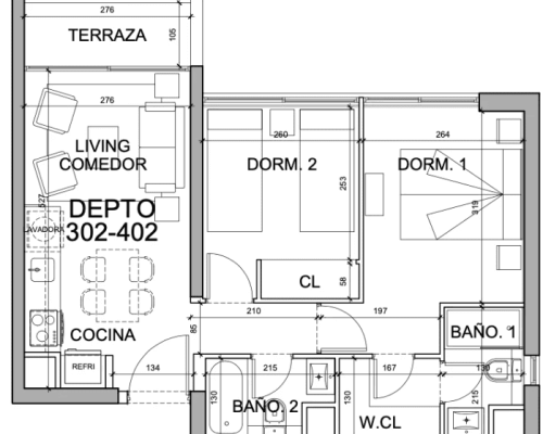 1- Planta Tipo J 2D+2B totales 52,57 m2 Balcon 3,82 m2 ,48,75 m2