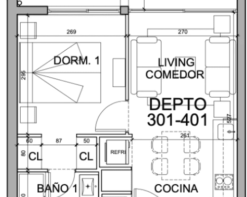 1- Planta Tipo K 1D+1B Totales 44,4 m2 balcon 3,88 m3 Interior 40,52 m2