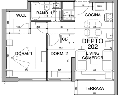 1- Planta tipo B 2D+1B Totales 44,4 m2 Balcon 3,88 m2 Interior 40,52 m2