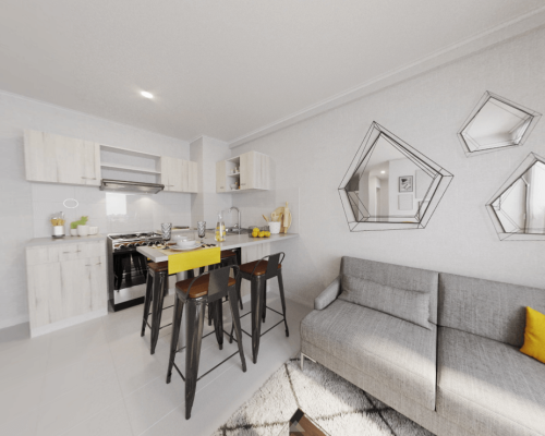 4) Cocina, Living comedor